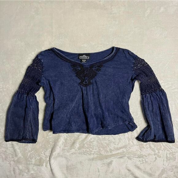 Angie Boho Top Women's M Dark FairyCore Navy Black Crocheted Bell Sleeve Tribal - Picture 1 of 7
